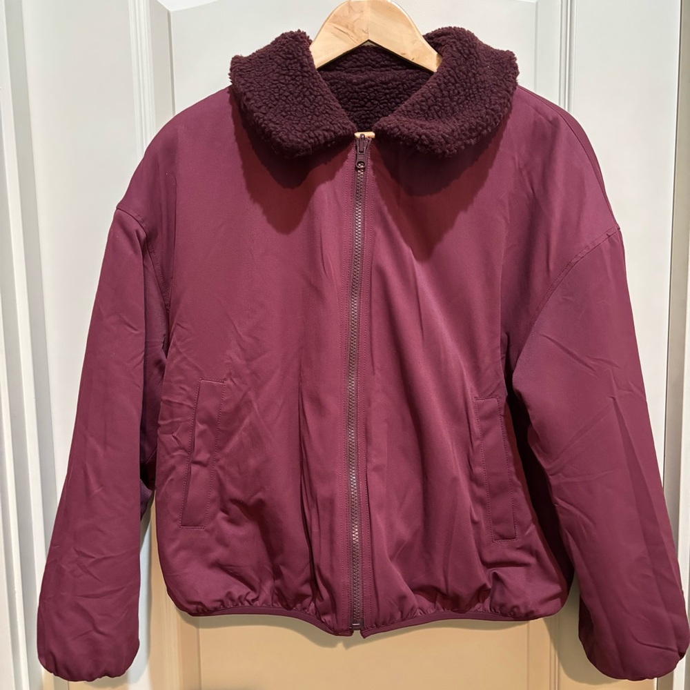 Outerknown Womens Large Winddrift Reversible Sherpa Jacket Cropped Full Zip Plum